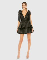 Black Oversized Bow Deep V Ruffle Mini Dress